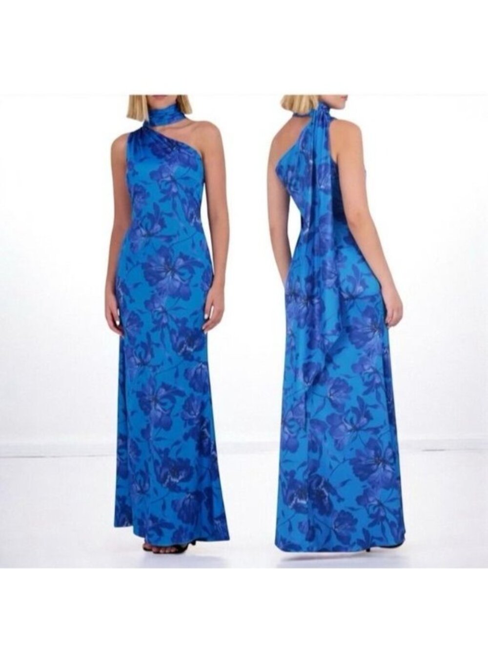Vince Camuto Blue Floral Mock Neck One-Shoulder Gown Size 8 NWT